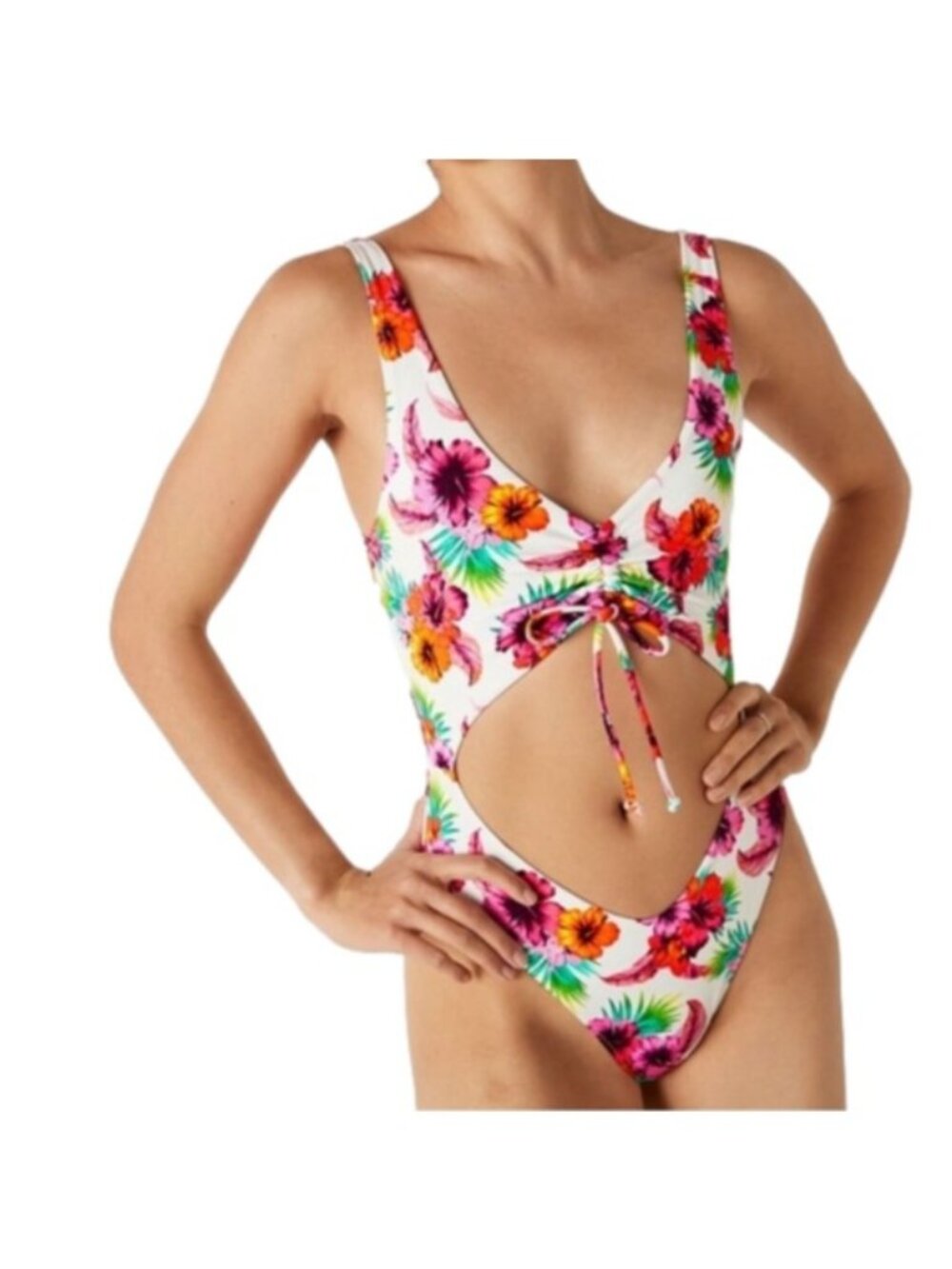 PINK Victoria's Secret White One-piece Ruched front swim suit, Vivid Flowers, XL